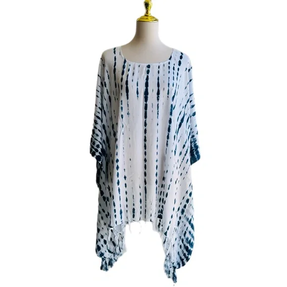 0080/ White and Blue Tie Dye  Poncho with fringed, Short Kaftan - Picture 6 of 6